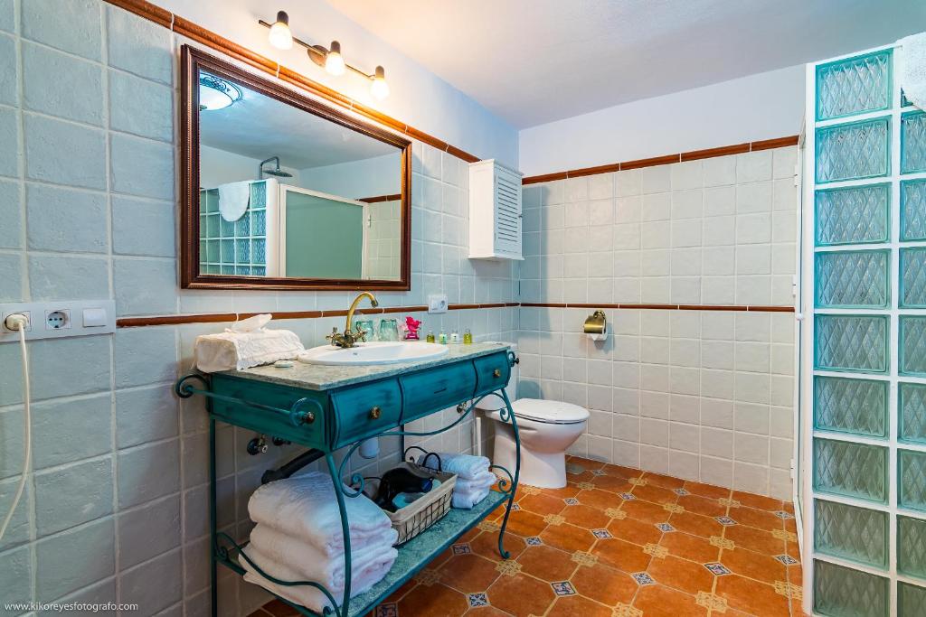 a bathroom with a sink and a mirror and a toilet at Cortijo El Indiviso in Vejer de la Frontera