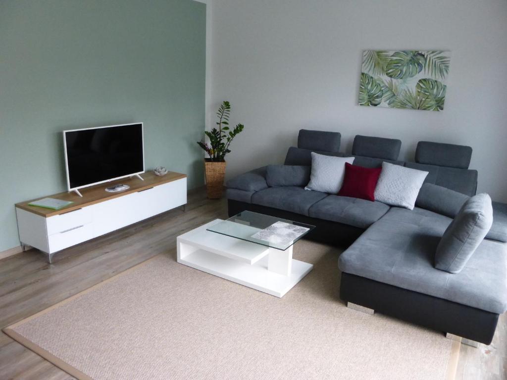 a living room with a couch and a tv at E&B-Apartments Weingarten in Weingarten