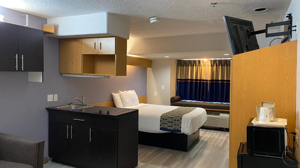 a small room with a bed and a sink at Microtel Inn & Suites by Wyndham Ardmore in Ardmore