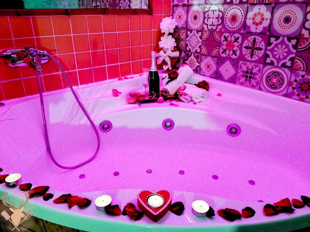 bañera rosa llena de cosméticos en Cueva La Panadera - CuevasCazorla, en Hinojares