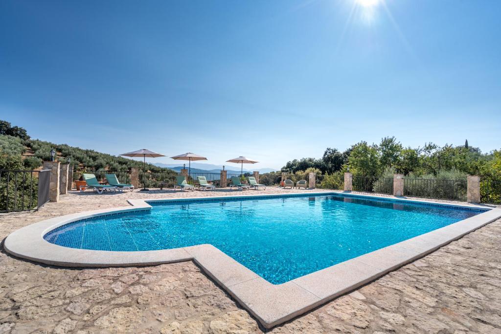 una piscina en un patio con sombrillas en Hacienda La buena vida B&B en appartementen casita la bruja, en Algarinejo