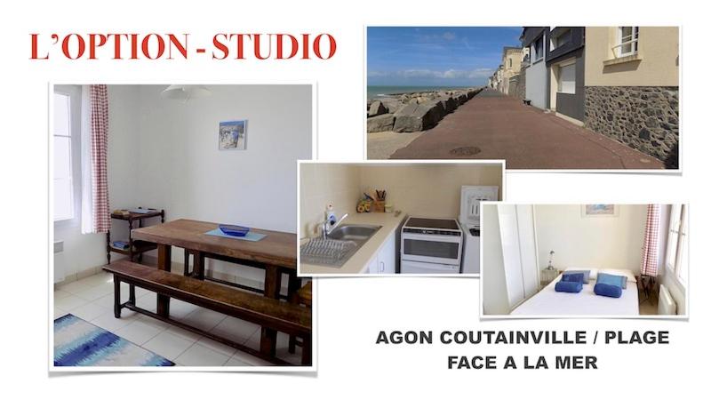 een collage van foto's van een kamer met een tafel en een strand bij Studio Option face à la mer in Agon Coutainville