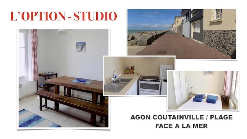 un collage de photos d'une chambre avec une table et une plage dans l'établissement Studio Option face à la mer, à Agon-Coutainville