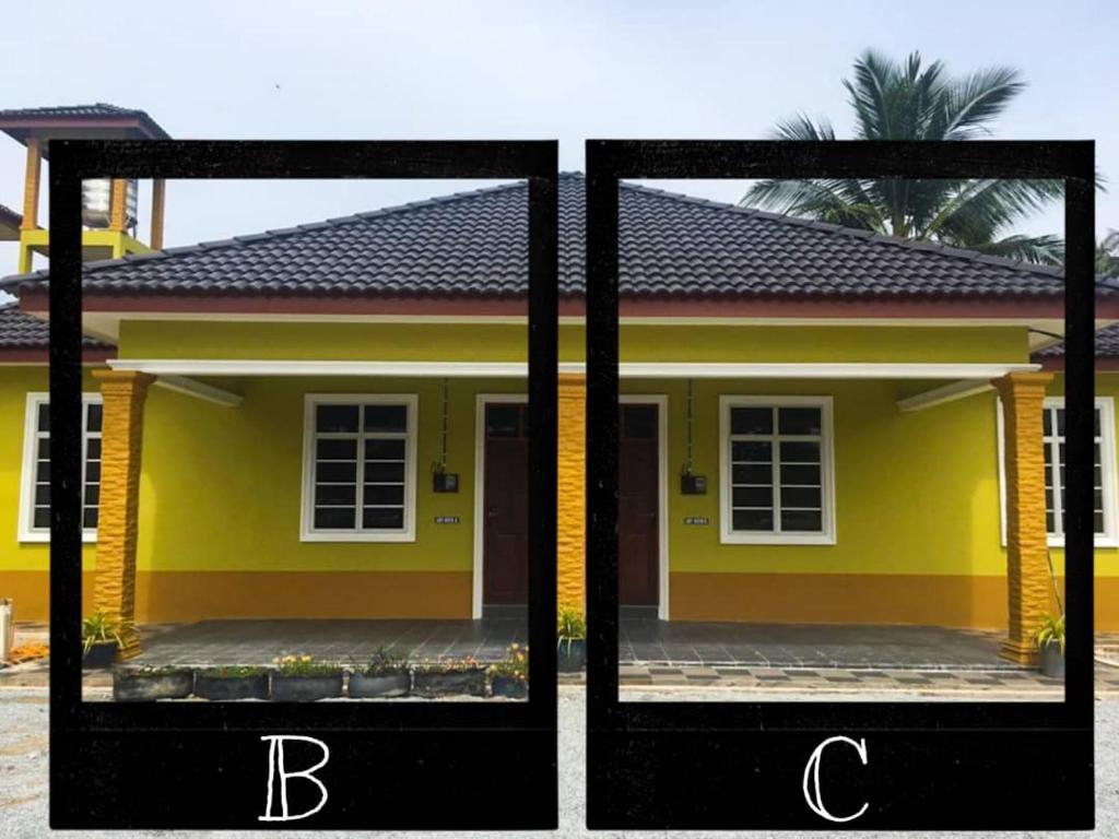 two pictures of a yellow house at Cikgu CTZ Homestay (B) in Kampong Kubang Bemban