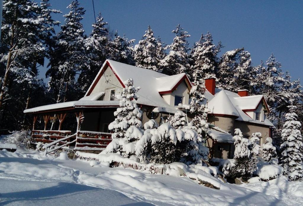 uma casa coberta de neve em frente às árvores em Pensjonacik Marzenie em Klonowo Dolne