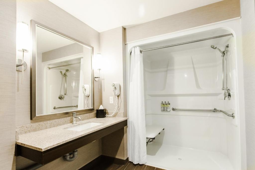 a bathroom with a sink and a large mirror at Holiday Inn Express & Suites Spruce Grove - Stony Plain by IHG in Spruce Grove