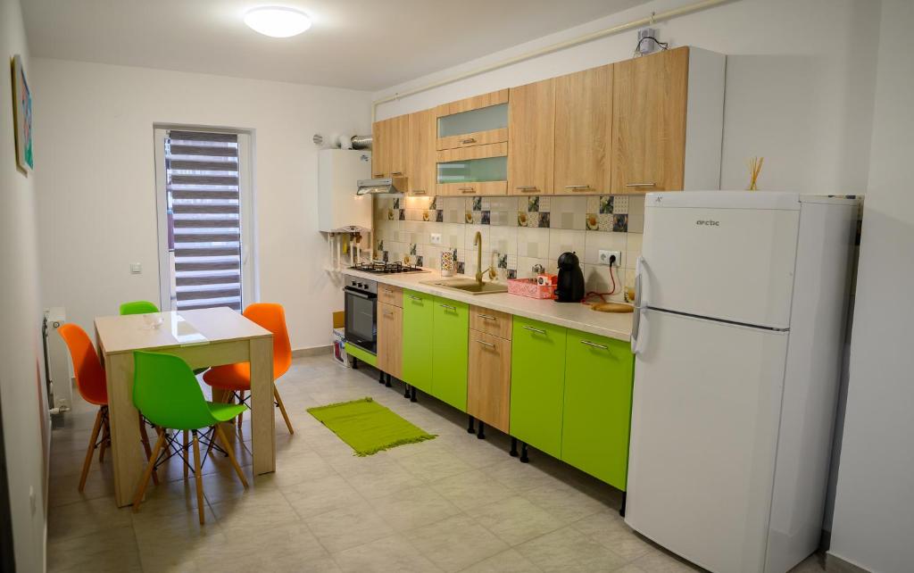 eine Küche mit grünen Schränken und einem weißen Kühlschrank in der Unterkunft Aparthotel Riana in Floreşti