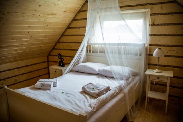 une chambre avec un lit avec moustiquaire dans l'établissement Chutor Grzegorza, à Wysowa-Zdrój