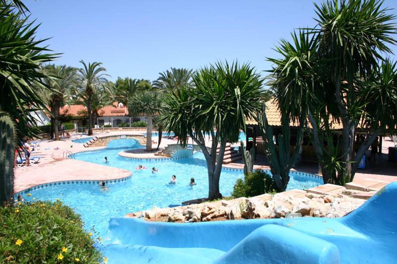 una piscina en un complejo con palmeras y gente en él en El Palmar, en Denia