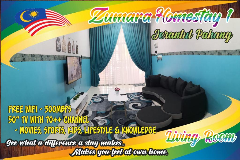 Ein Flyer für ein Zimmer mit einem Wohnzimmer in der Unterkunft Zumara Homestay Jerantut Pahang in Jerantut