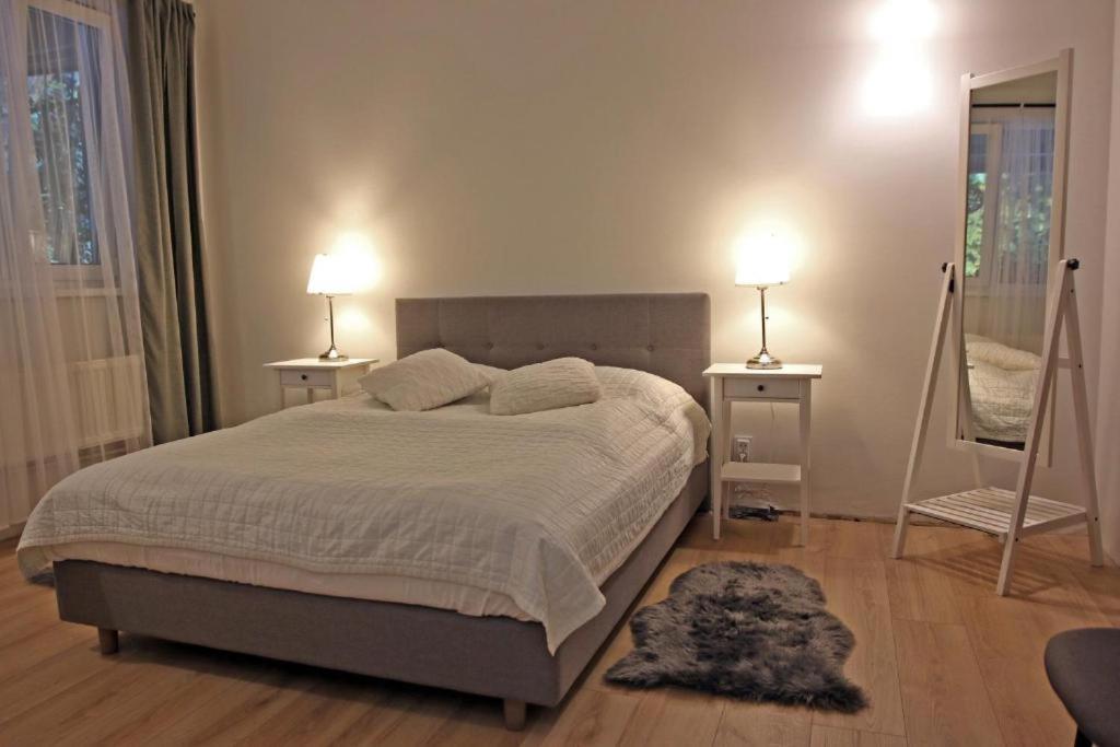 1 dormitorio con 1 cama, 2 lámparas y espejo en Hotel Zakątek Leśny, en Cierpice