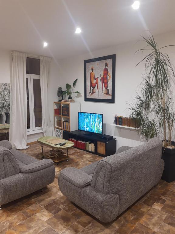 - un salon avec deux canapés et une télévision à écran plat dans l'établissement Appartement Au Coeur de Liege, à Liège