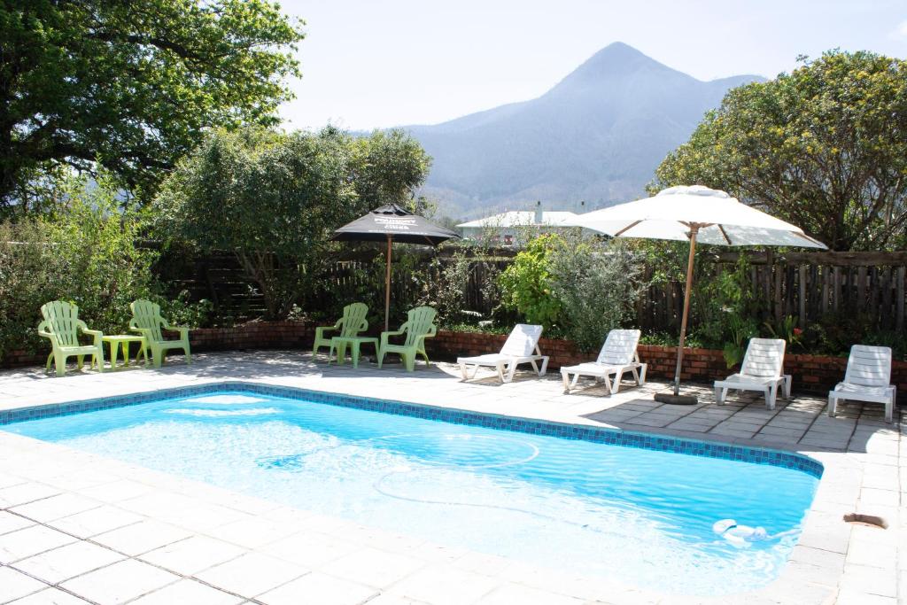 a swimming pool with lawn chairs and umbrellas at Andelomi Forest Lodge in Stormsrivier
