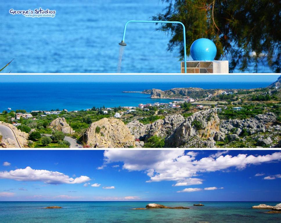 two pictures of the same view of the ocean at George's Studios in Archangelos