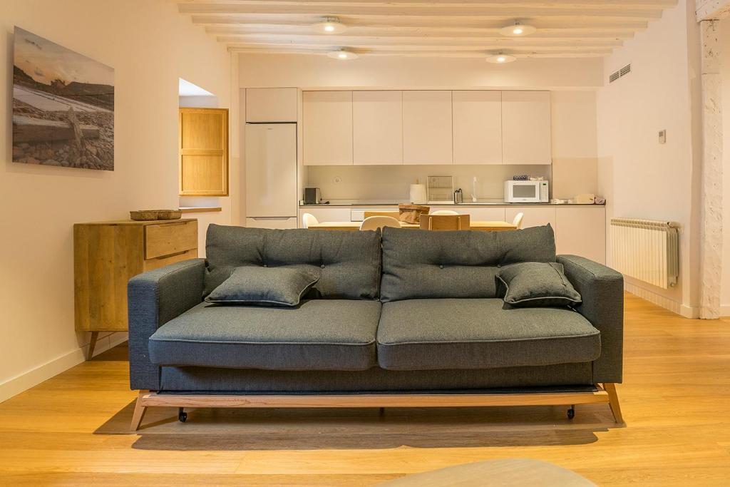 a living room with a blue couch and a kitchen at Apartamento Alcuneza en Elmolinodelasal de Sigüenza in Sigüenza
