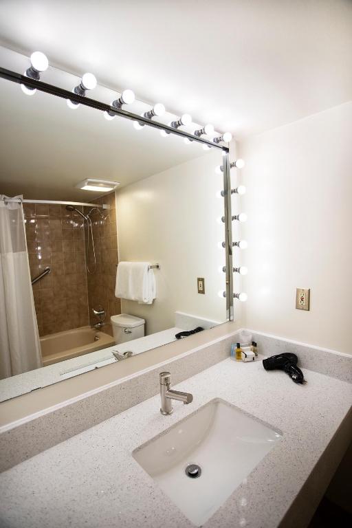a bathroom with a sink and a large mirror at The Business Inn in Ottawa