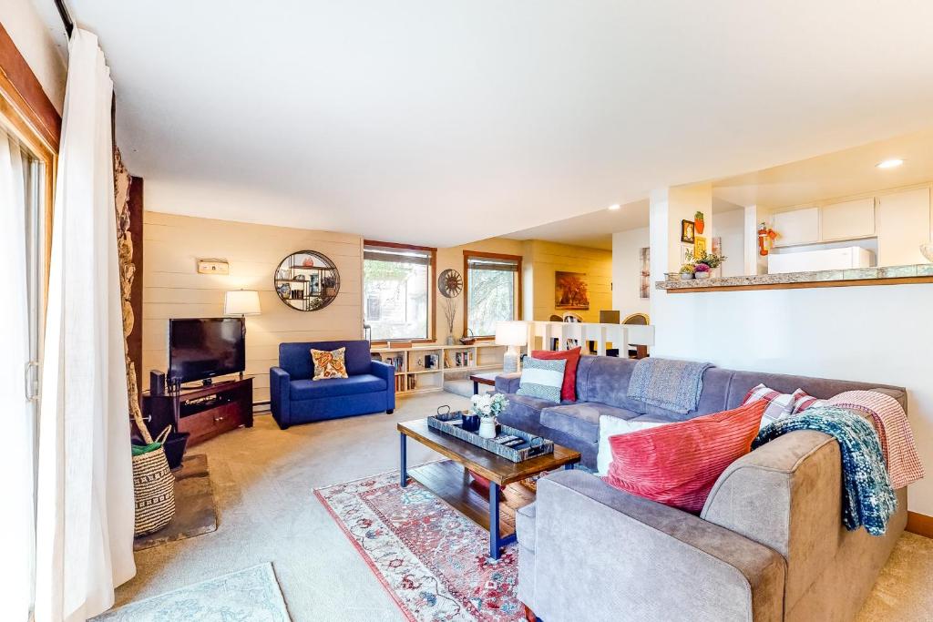 a living room with a couch and a tv at Snowcreek 1536 in Sun Valley