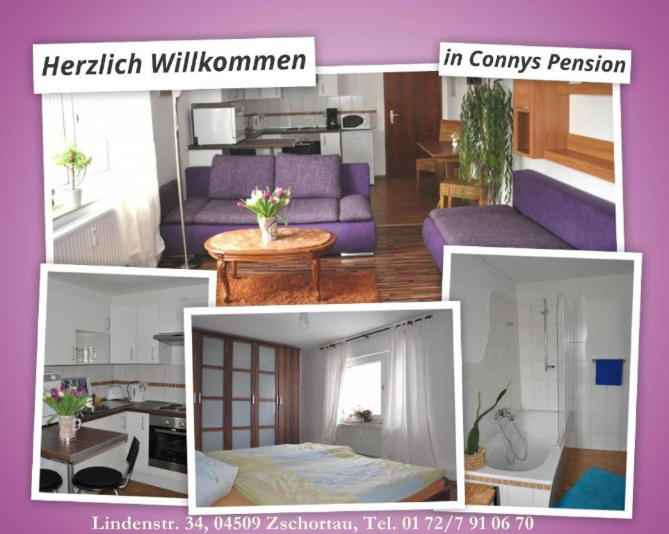 un collage di foto di un soggiorno con mobili viola di Conny's Bistro und Pension a Rackwitz