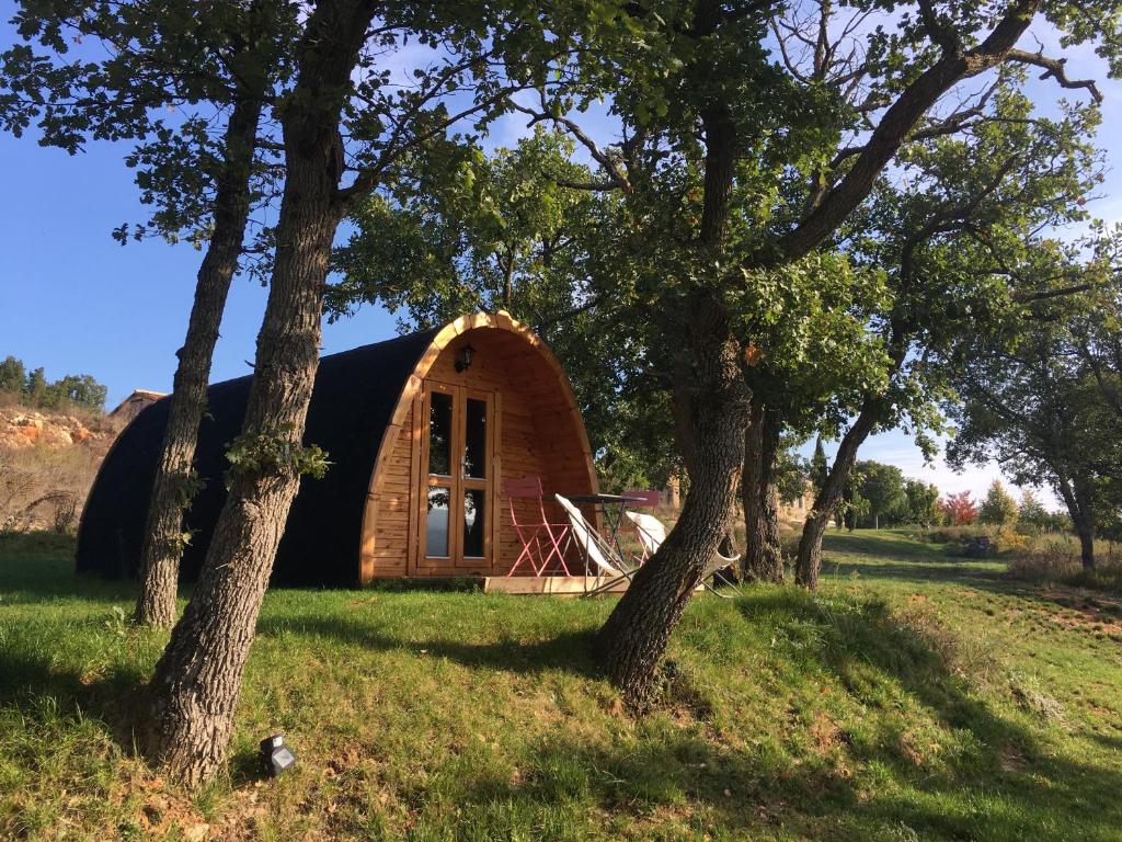 eine Hütte mit einem Strohdach auf einem Feld mit Bäumen in der Unterkunft Le Pod de L'Adret in Rians
