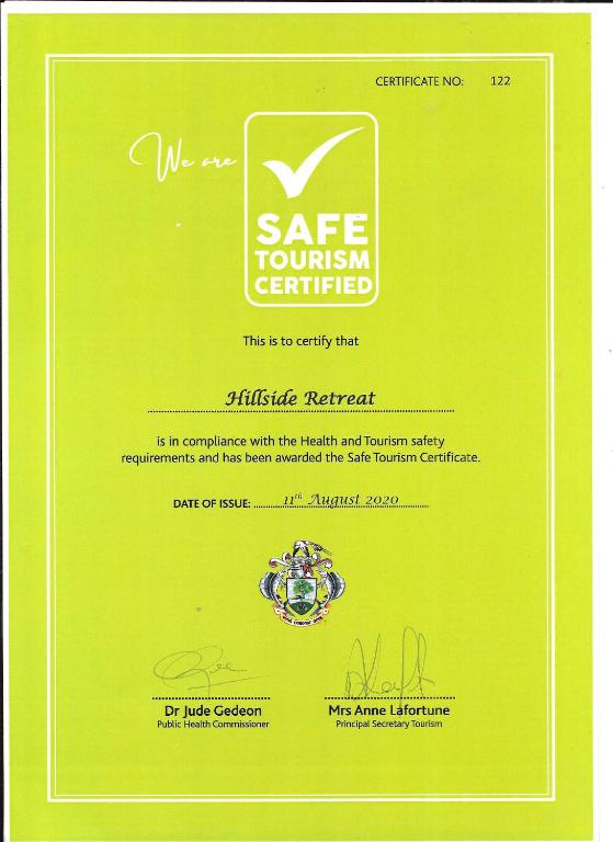 Certifikát, hodnocení, plakát nebo jiný dokument vystavený v ubytování Hillside Retreat