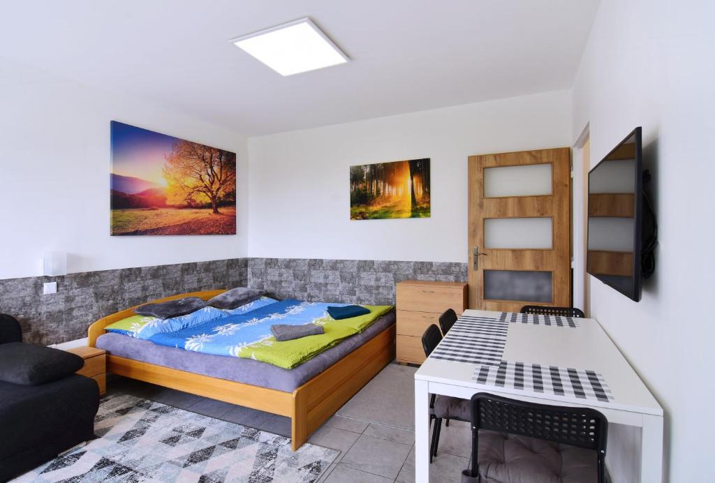 1 dormitorio con cama, mesa y sofá en Apartman Nikola Trojanovice, en Trojanovice