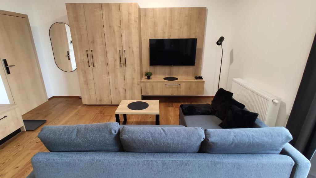 een woonkamer met een blauwe bank en een televisie bij Apartmán ANIN in Nový Smokovec