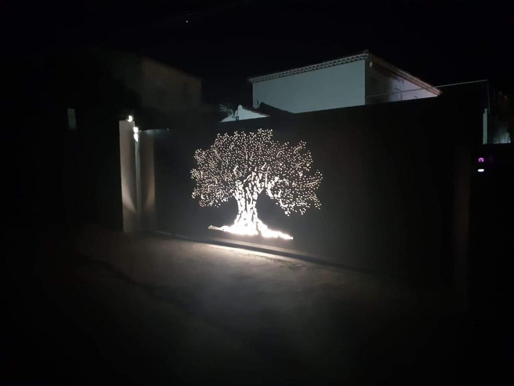 un arbre éclairé au milieu d'un bâtiment dans l'établissement Chambres d'Hôtes Les Oliviers - Marignane, à Marignane