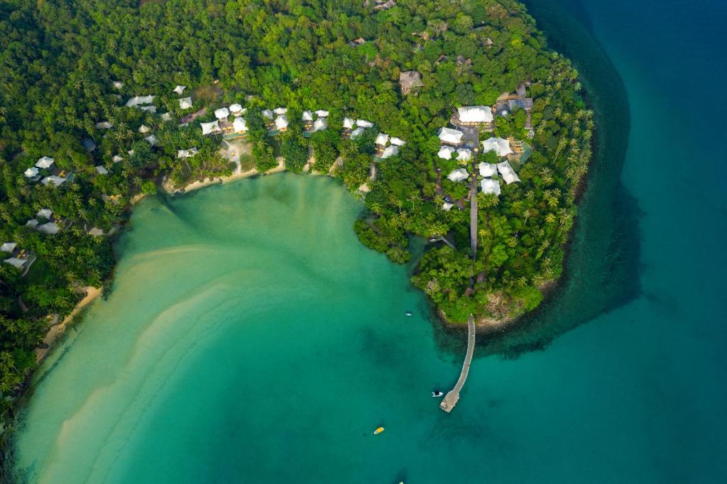 an aerial view of a small island in the ocean at Soneva Kiri in Ko Kood