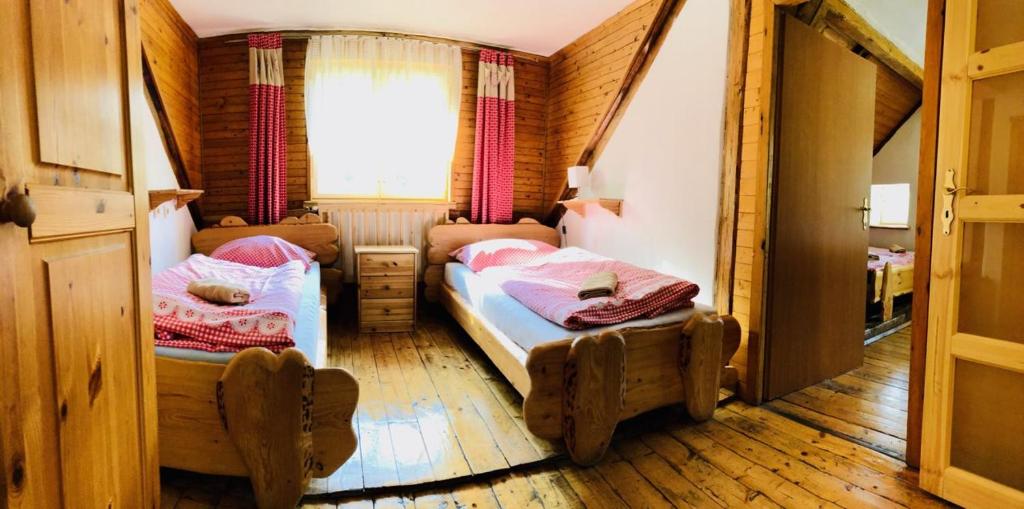 a small bedroom with two beds in a room at pension U Jiřího in Ludvíkov