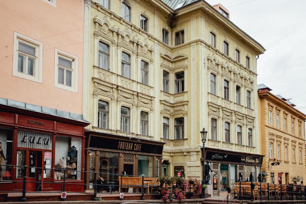 une rangée de bâtiments dans une rue d'une ville dans l'établissement Boutique apartments, à Banská Štiavnica