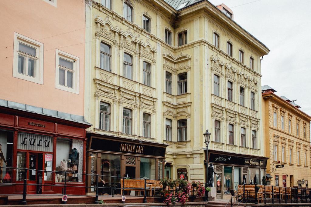 a row of buildings on a street in a city at Boutique apartments in Bansk&aacute; &Scaron;tiavnica