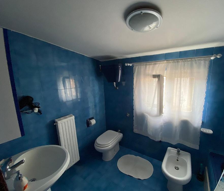 Baño azul con aseo y lavamanos en La casa di Anita, en Civita Castellana