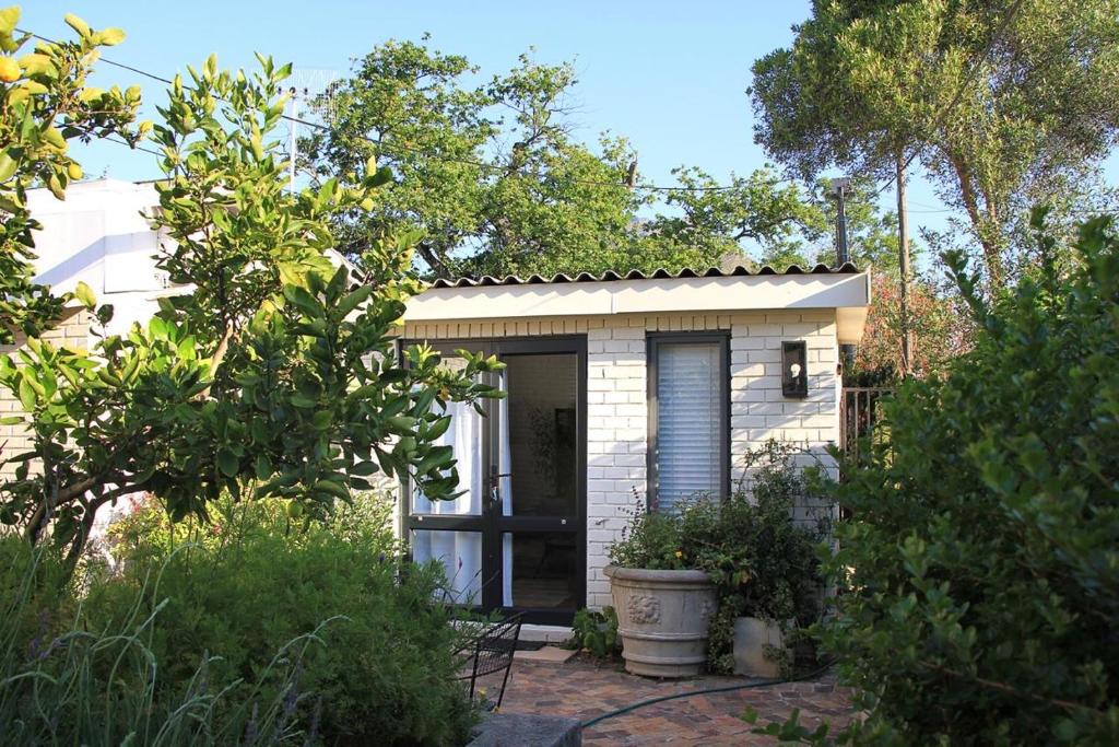 a small house with a door in a garden at Courtyard Studios (with air conditioning) in Stellenbosch