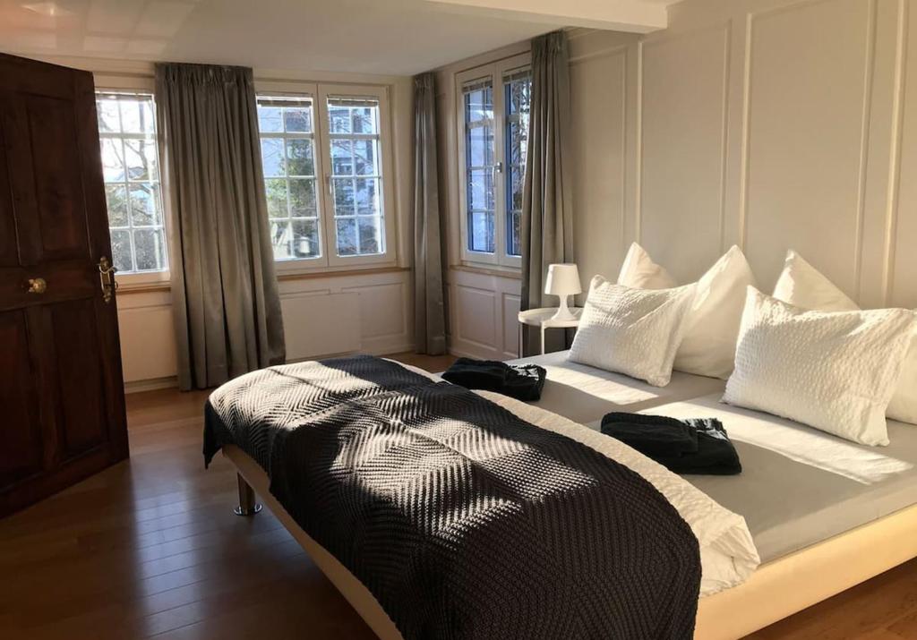 Un dormitorio con una cama grande con dos bolsas. en Haus zur Rose, St.Gallen, Bodensee, Säntis en Speicher