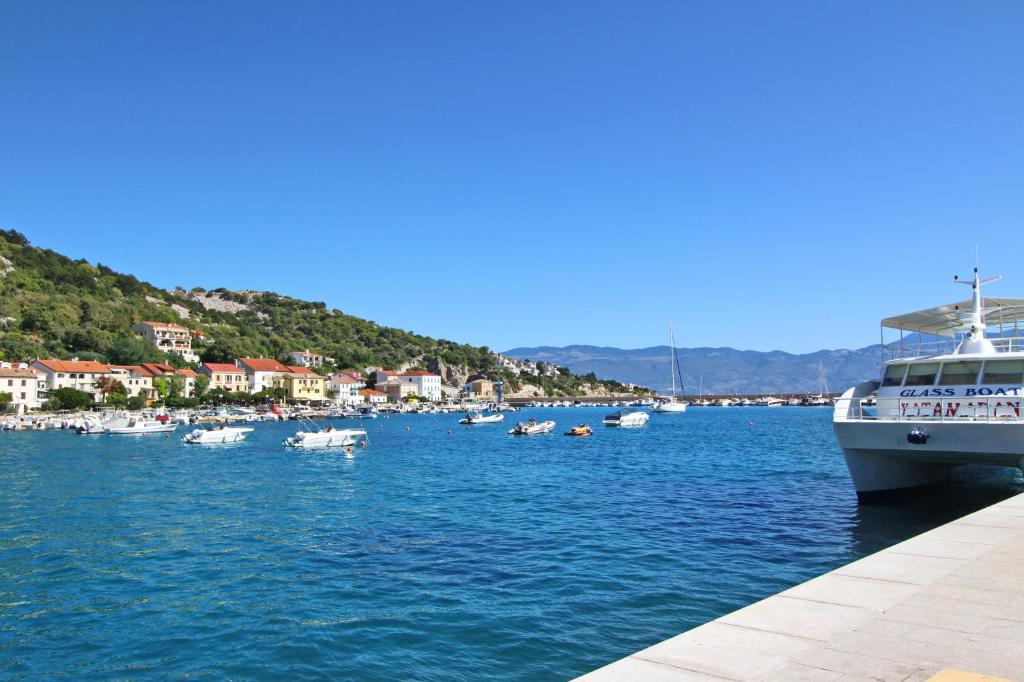 a cruise ship is docked in a harbor with boats at Apartments Rozanda in Baška