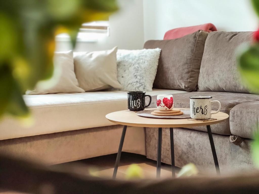 duas chávenas de café numa mesa em frente a um sofá em Apartmani Jahorina Olimpijska kuca em Jahorina