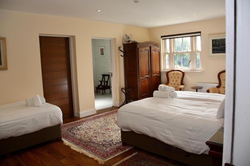 a bedroom with two beds and a window at Heather House in Laragh