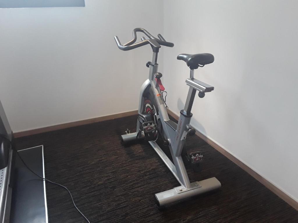 A compact exercise room contains a stationary bike on dark carpet.