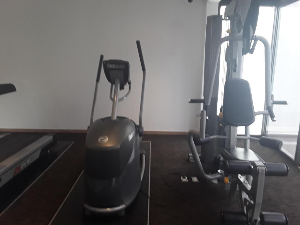 A compact gym with cardio and strength equipment beside a bright window.