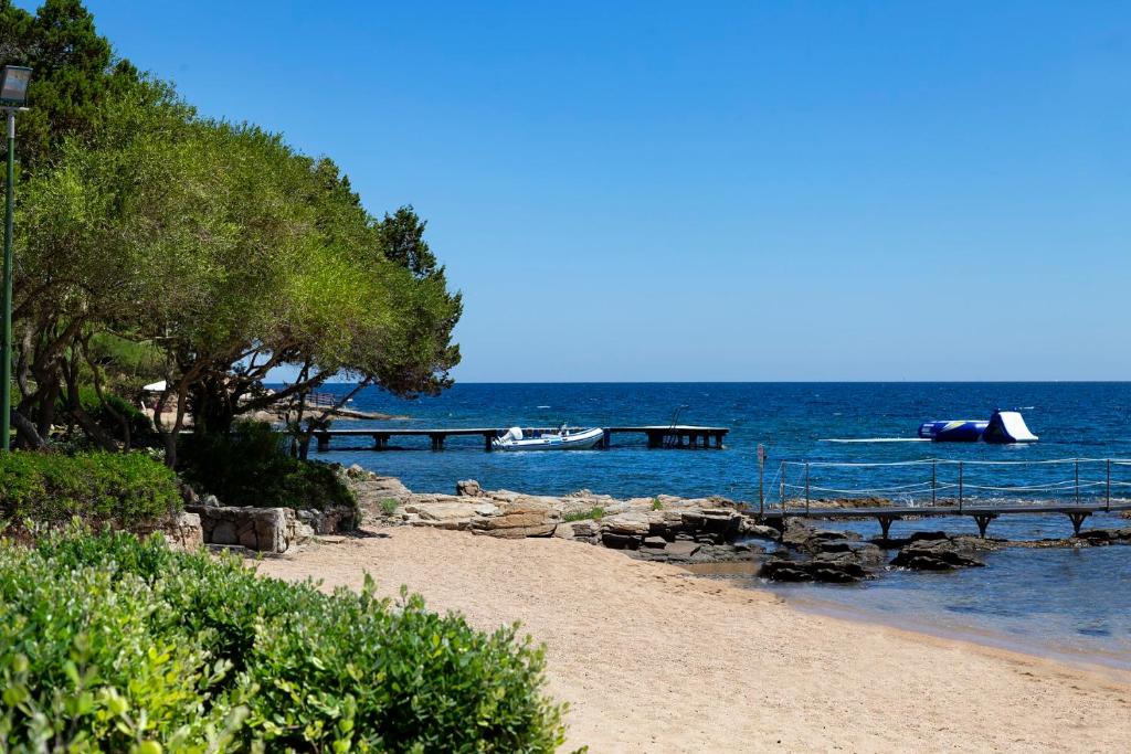 una spiaggia con un molo e barche in acqua di Villa Smeralda Punta Lada Porto Rotondo a Porto Rotondo