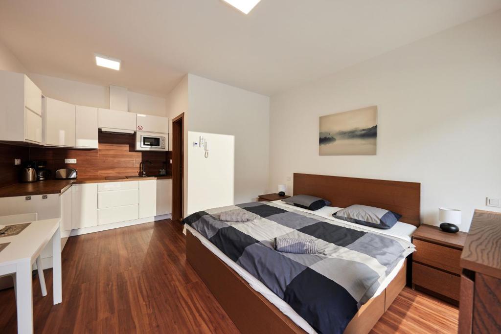 1 Schlafzimmer mit einem großen Bett und einer Küche in der Unterkunft Ella Apartments in Zlín