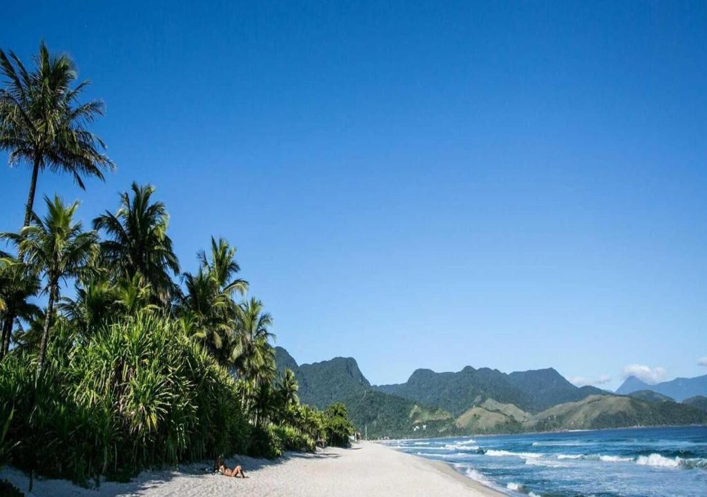 a beach with palm trees and the ocean at Flat Maresias 50m da Praia - 02 Mar & Tur in Maresias