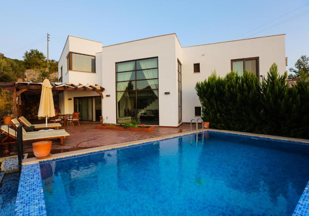 a villa with a swimming pool in front of a house at Villa Horizon in Dalyan