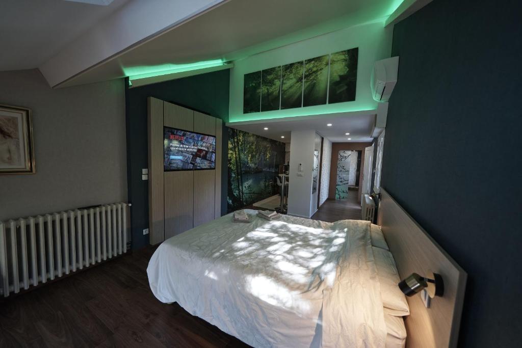 une chambre avec un grand lit dans une pièce dans l'établissement LES CLEFS DU PARADIS avec SPA, à Montferrand-le-Château