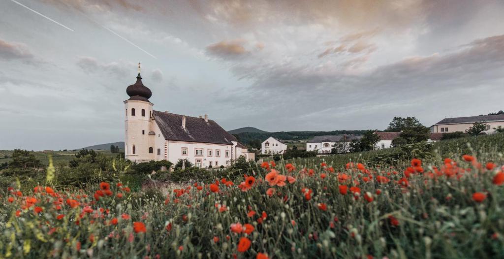 um campo de flores vermelhas em frente a uma igreja em Freigut Thallern em Gumpoldskirchen