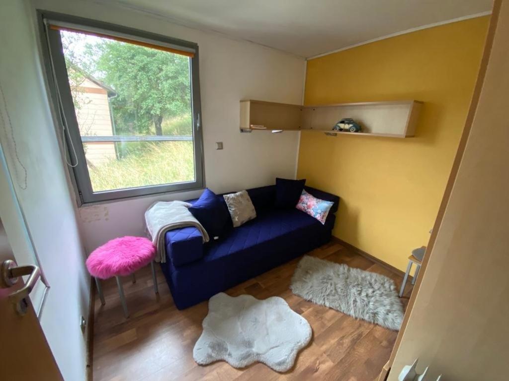 a small living room with a blue couch and a window at Tiny House mit Klima und Heizung, in idyllischer Ortsrandlage in Iba