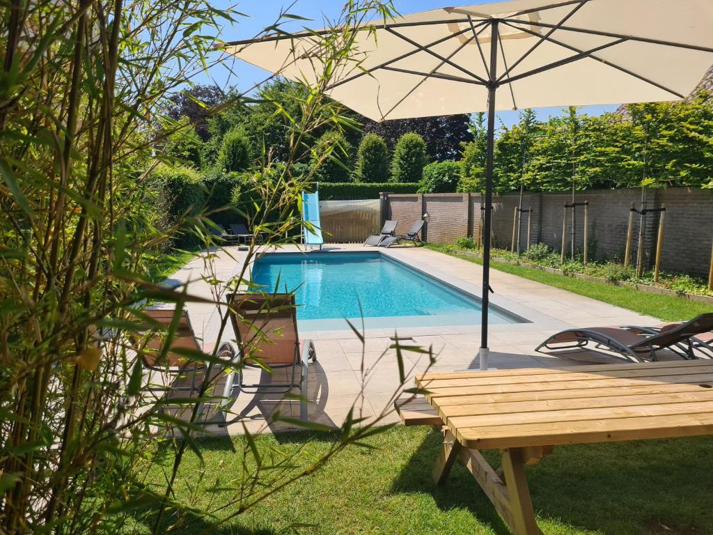 a pool with an umbrella and a table and a bench at B&B Resort Tremele in Dreumel