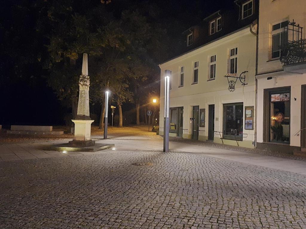 uma estátua no meio de uma rua à noite em Spreewaldunterkunft Buchecker em Lübben