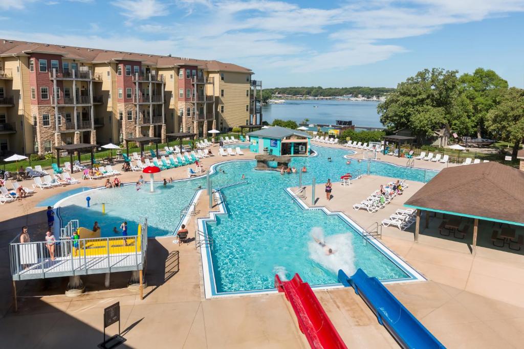 an overhead view of a swimming pool at a resort at Bridges Bay Resort in Arnolds Park