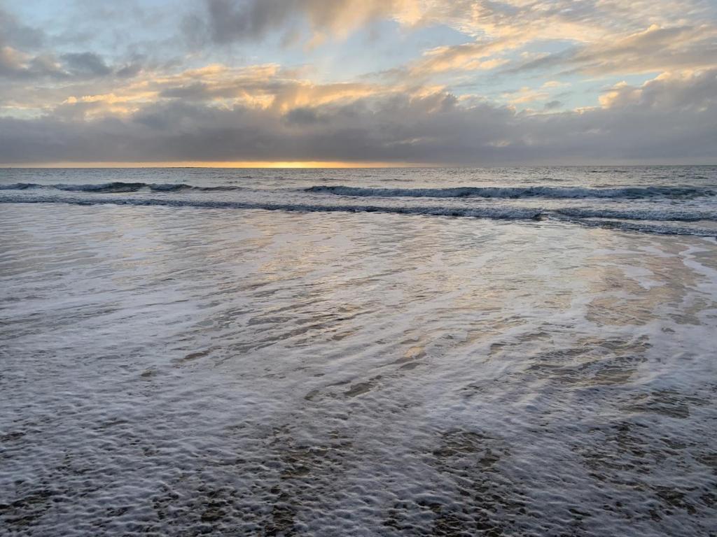 uma praia com ondas no oceano com um céu nublado em Sandpiper Motel em Sarina